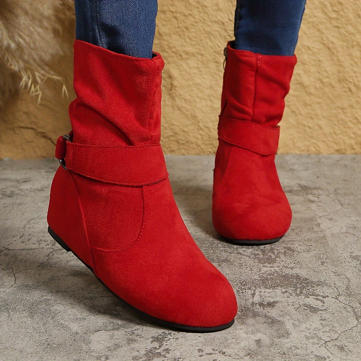 Womens Classic Solid Color Ankle Boots with Round-Toe Design - Fashion Buckle Belt & Side Zipper Closure - Ultra-Comfortable Outdoor Shoes for Stylish Adventures