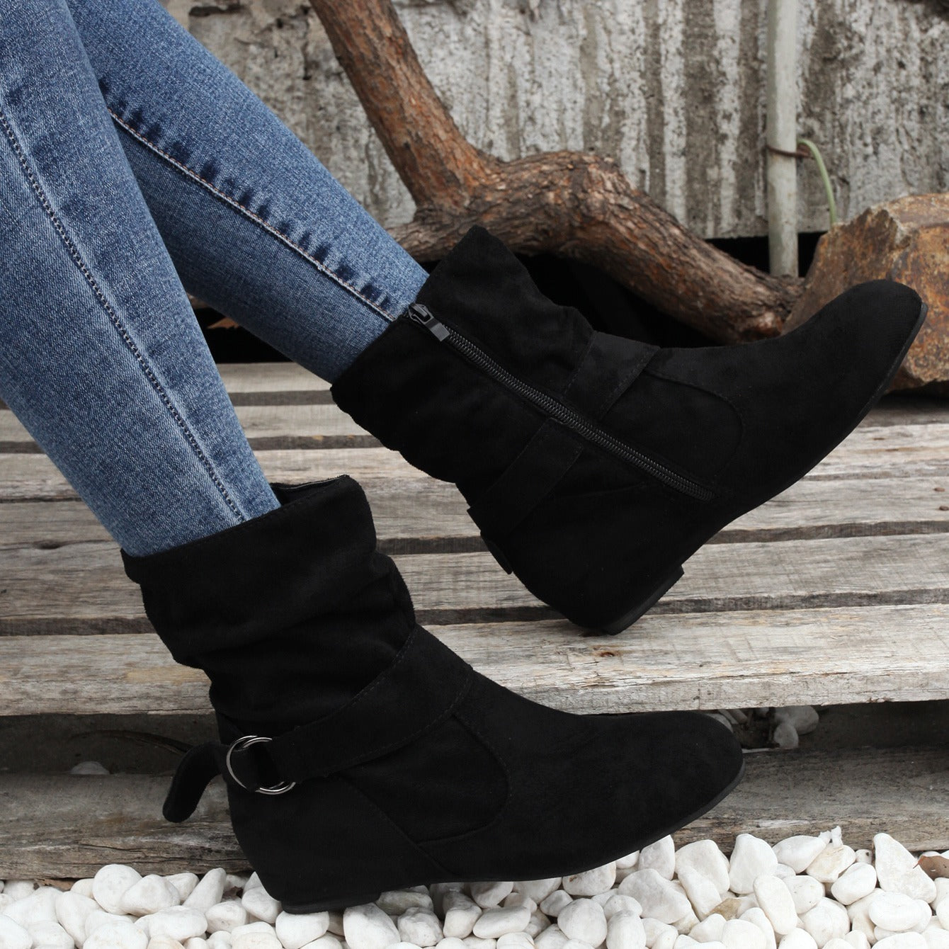 Womens Classic Solid Color Ankle Boots with Round-Toe Design - Fashion Buckle Belt & Side Zipper Closure - Ultra-Comfortable Outdoor Shoes for Stylish Adventures