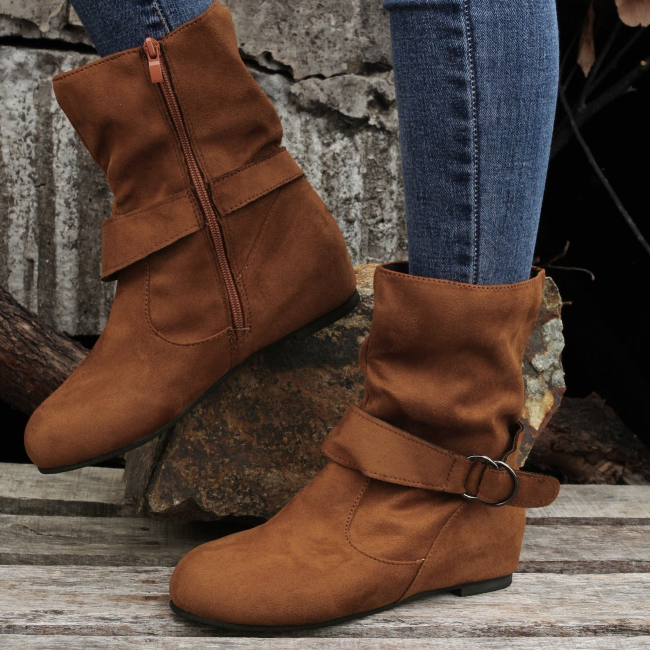 Womens Classic Solid Color Ankle Boots with Round-Toe Design - Fashion Buckle Belt & Side Zipper Closure - Ultra-Comfortable Outdoor Shoes for Stylish Adventures