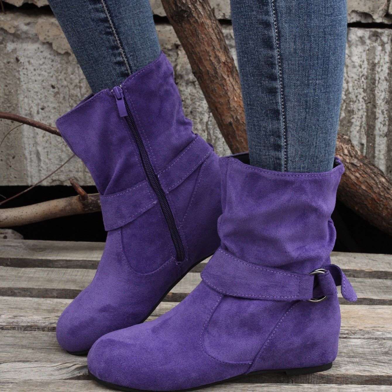 Womens Classic Solid Color Ankle Boots with Round-Toe Design - Fashion Buckle Belt & Side Zipper Closure - Ultra-Comfortable Outdoor Shoes for Stylish Adventures