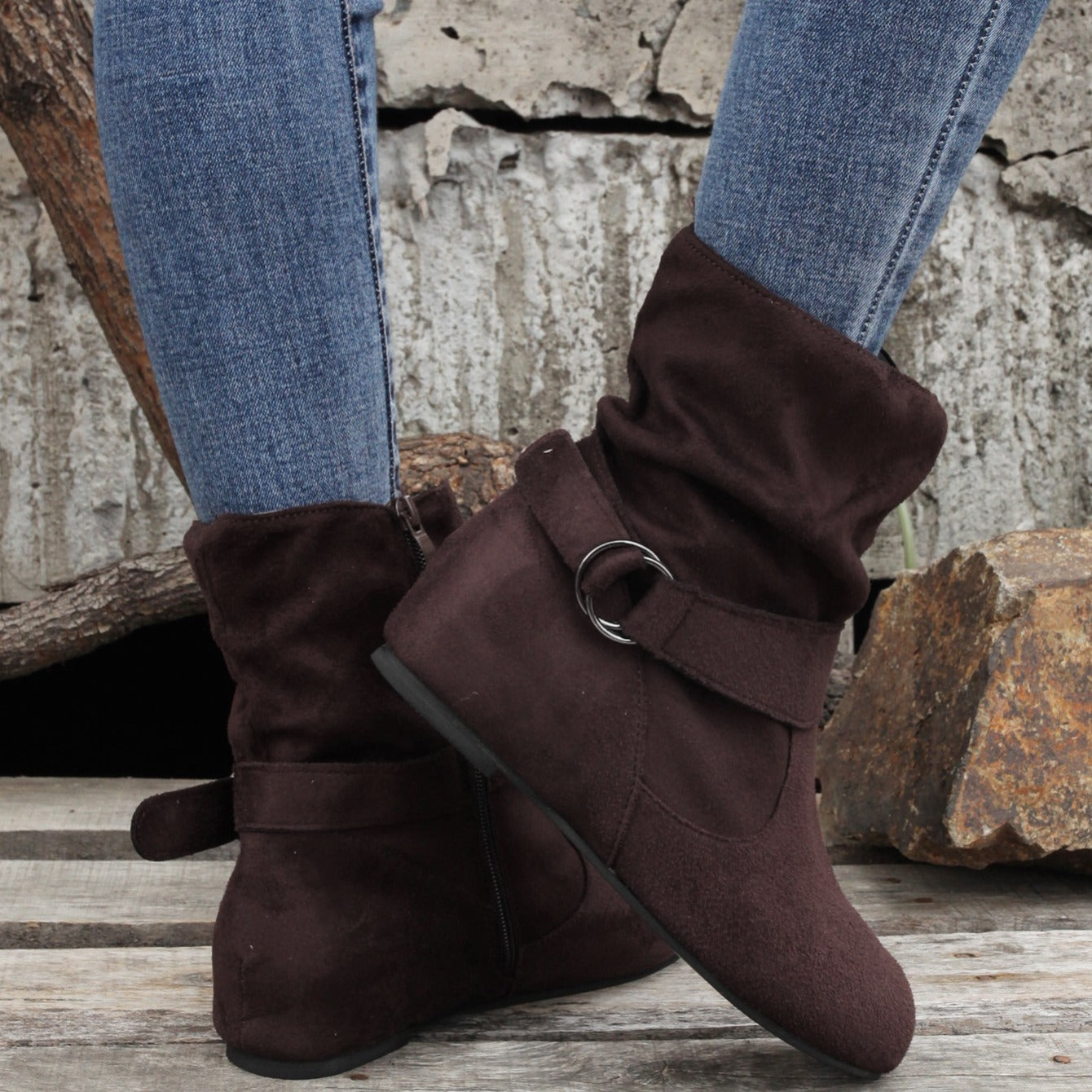 Womens Classic Solid Color Ankle Boots with Round-Toe Design - Fashion Buckle Belt & Side Zipper Closure - Ultra-Comfortable Outdoor Shoes for Stylish Adventures