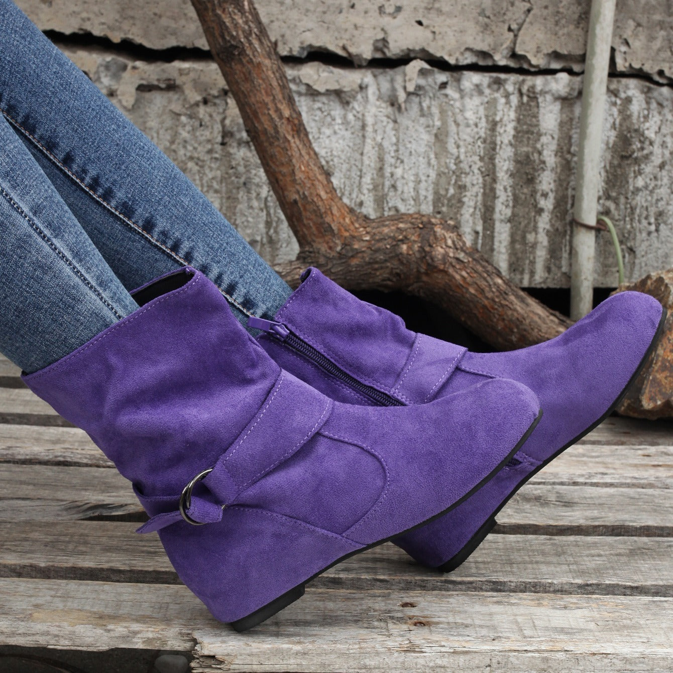 Womens Classic Solid Color Ankle Boots with Round-Toe Design - Fashion Buckle Belt & Side Zipper Closure - Ultra-Comfortable Outdoor Shoes for Stylish Adventures
