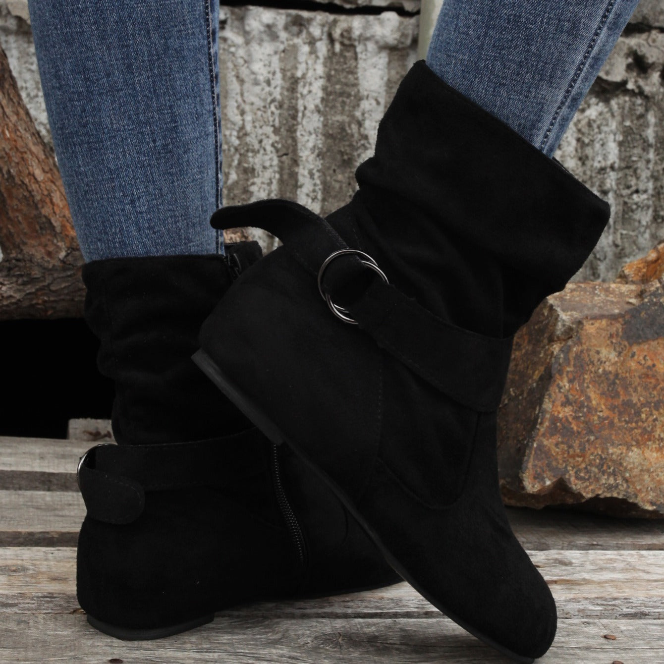 Womens Classic Solid Color Ankle Boots with Round-Toe Design - Fashion Buckle Belt & Side Zipper Closure - Ultra-Comfortable Outdoor Shoes for Stylish Adventures