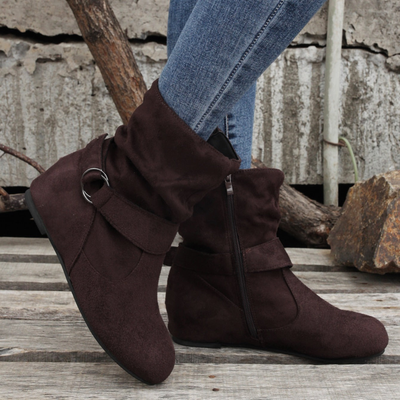 Womens Classic Solid Color Ankle Boots with Round-Toe Design - Fashion Buckle Belt & Side Zipper Closure - Ultra-Comfortable Outdoor Shoes for Stylish Adventures