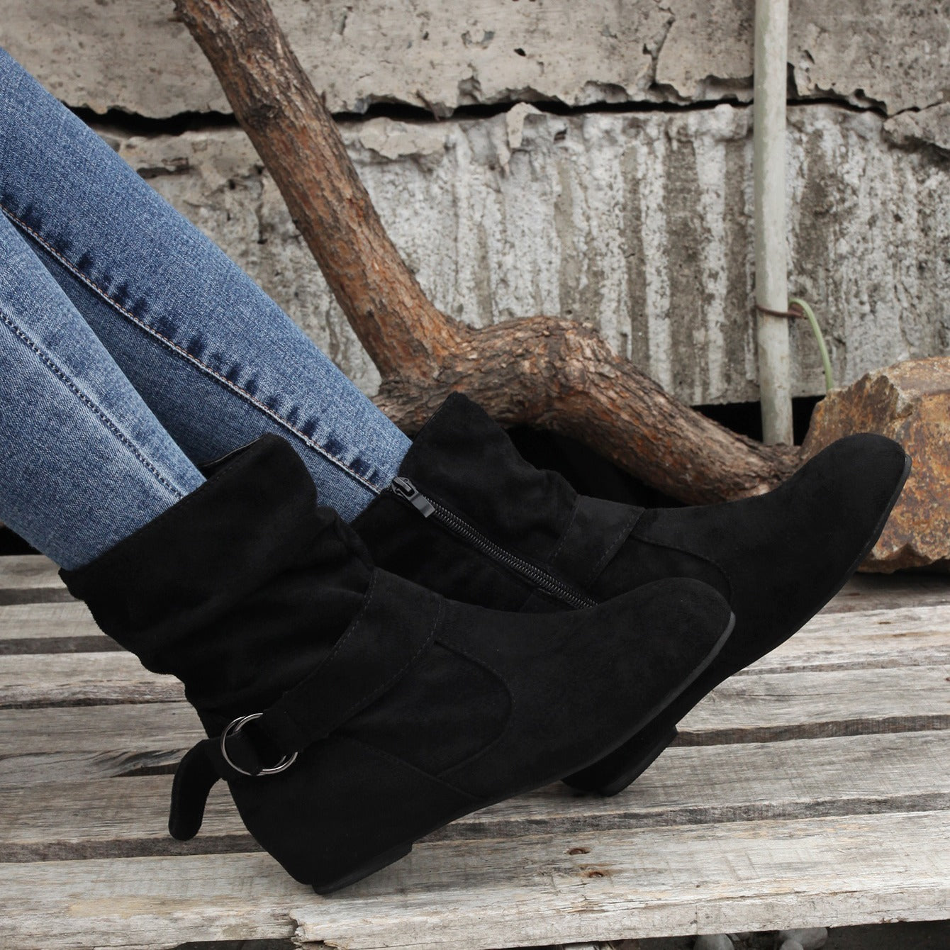 Womens Classic Solid Color Ankle Boots with Round-Toe Design - Fashion Buckle Belt & Side Zipper Closure - Ultra-Comfortable Outdoor Shoes for Stylish Adventures