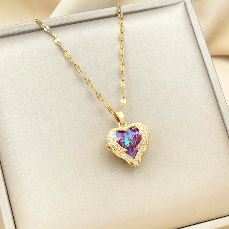 Top Luxury Colorful Crystal Ocean Heart Pendant Necklace For Women Trendy 316L Stainless Steel Jewelry Female Wedding Neck Chain