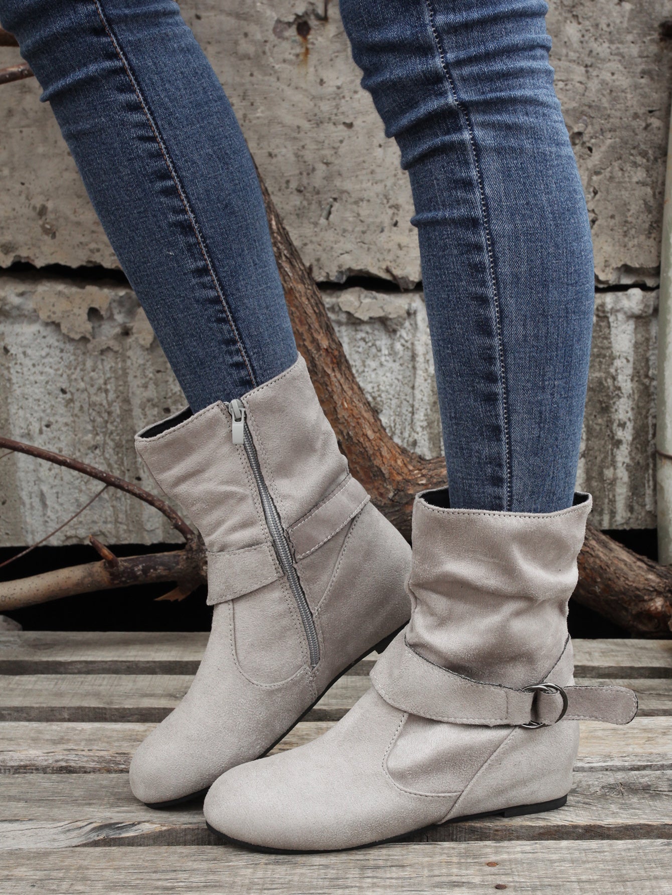 Womens Classic Solid Color Ankle Boots with Round-Toe Design - Fashion Buckle Belt & Side Zipper Closure - Ultra-Comfortable Outdoor Shoes for Stylish Adventures