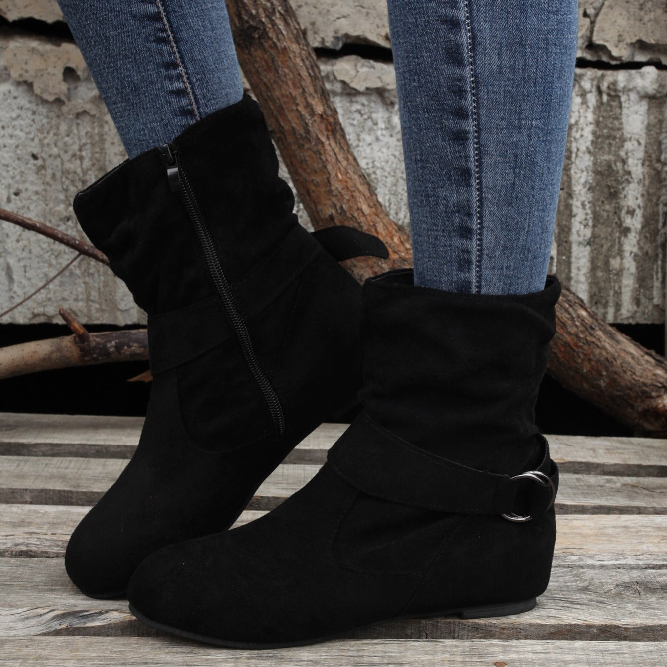 Womens Classic Solid Color Ankle Boots with Round-Toe Design - Fashion Buckle Belt & Side Zipper Closure - Ultra-Comfortable Outdoor Shoes for Stylish Adventures