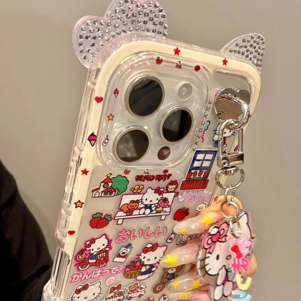 Illustration Hello Kitty Daily Life KT Phone Case For iPhone 13 14 15 16 Pro Max Cartoon Y2k Pink Style Cute Case With Pendant