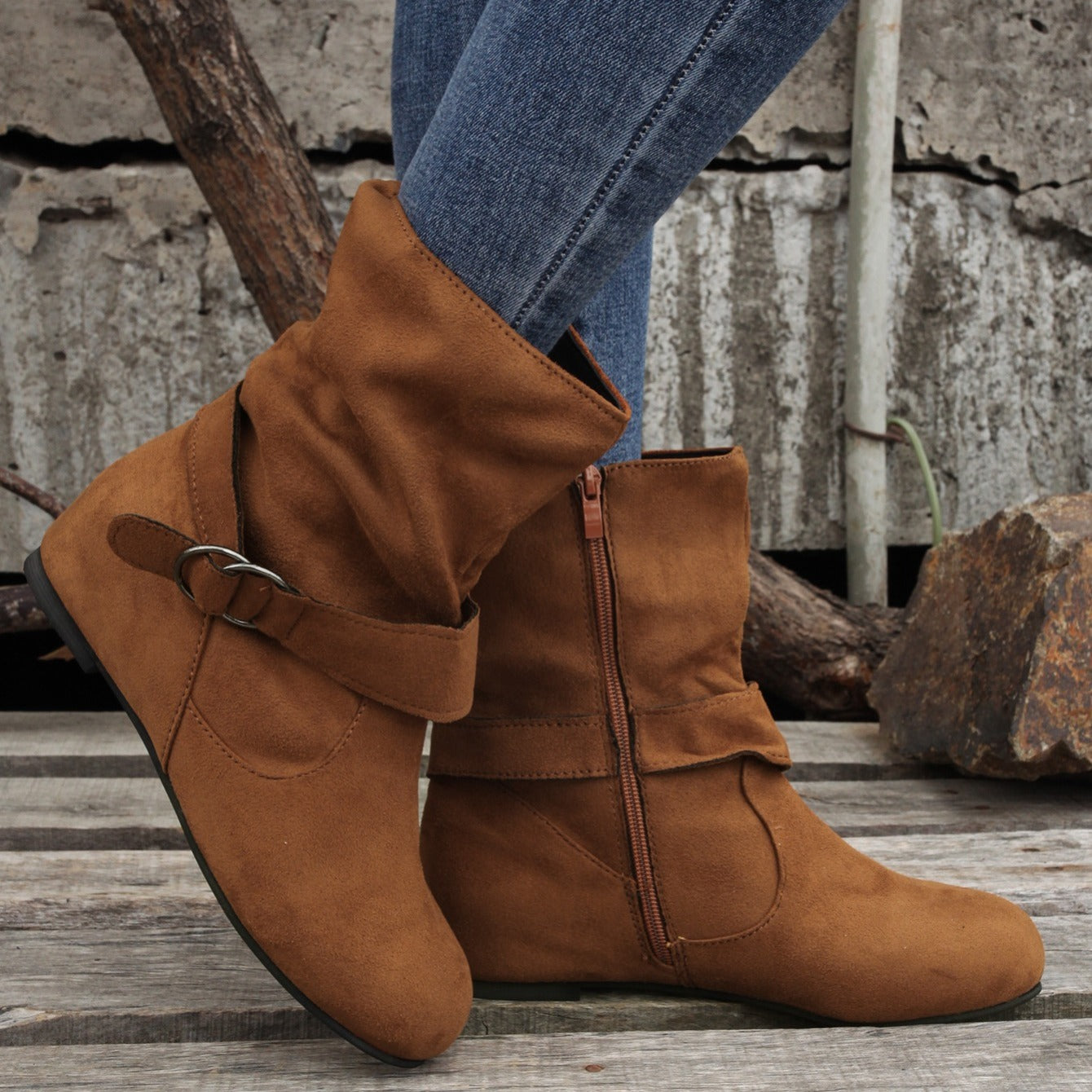 Womens Classic Solid Color Ankle Boots with Round-Toe Design - Fashion Buckle Belt & Side Zipper Closure - Ultra-Comfortable Outdoor Shoes for Stylish Adventures