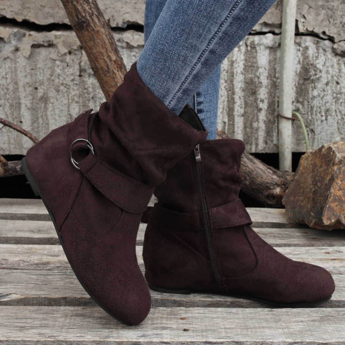 Womens Classic Solid Color Ankle Boots with Round-Toe Design - Fashion Buckle Belt & Side Zipper Closure - Ultra-Comfortable Outdoor Shoes for Stylish Adventures