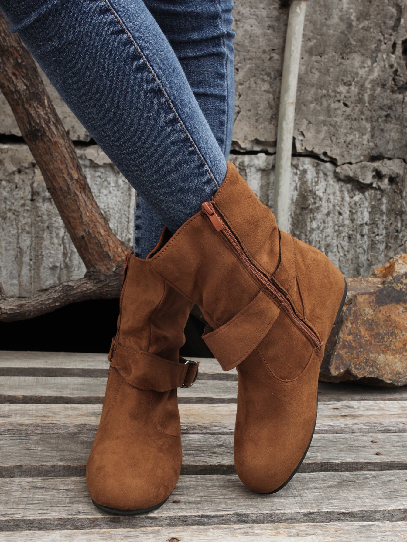 Womens Classic Solid Color Ankle Boots with Round-Toe Design - Fashion Buckle Belt & Side Zipper Closure - Ultra-Comfortable Outdoor Shoes for Stylish Adventures