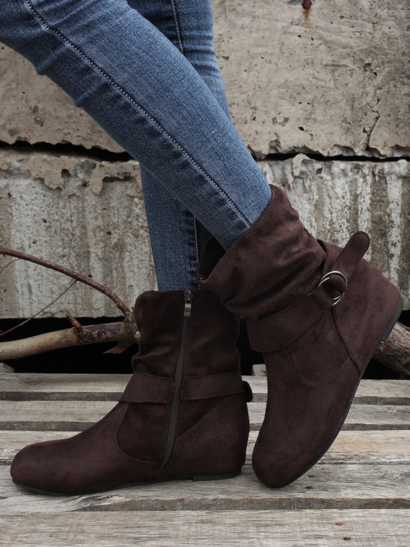 Womens Classic Solid Color Ankle Boots with Round-Toe Design - Fashion Buckle Belt & Side Zipper Closure - Ultra-Comfortable Outdoor Shoes for Stylish Adventures