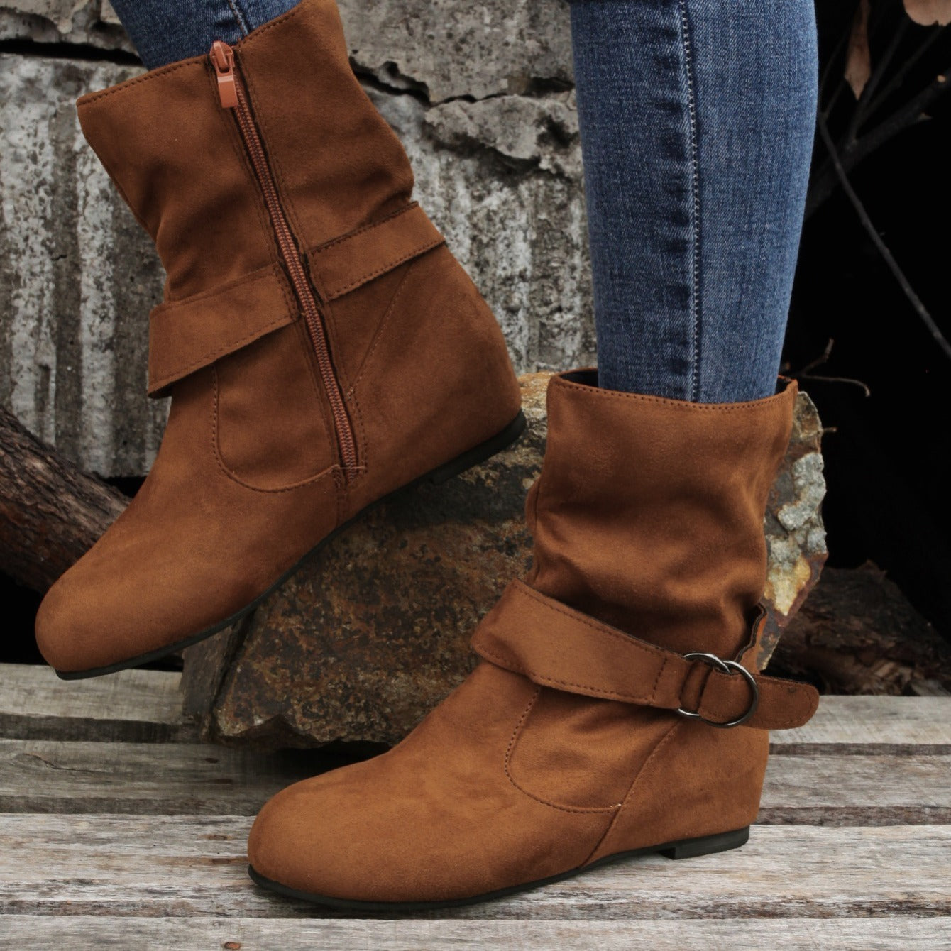 Womens Classic Solid Color Ankle Boots with Round-Toe Design - Fashion Buckle Belt & Side Zipper Closure - Ultra-Comfortable Outdoor Shoes for Stylish Adventures
