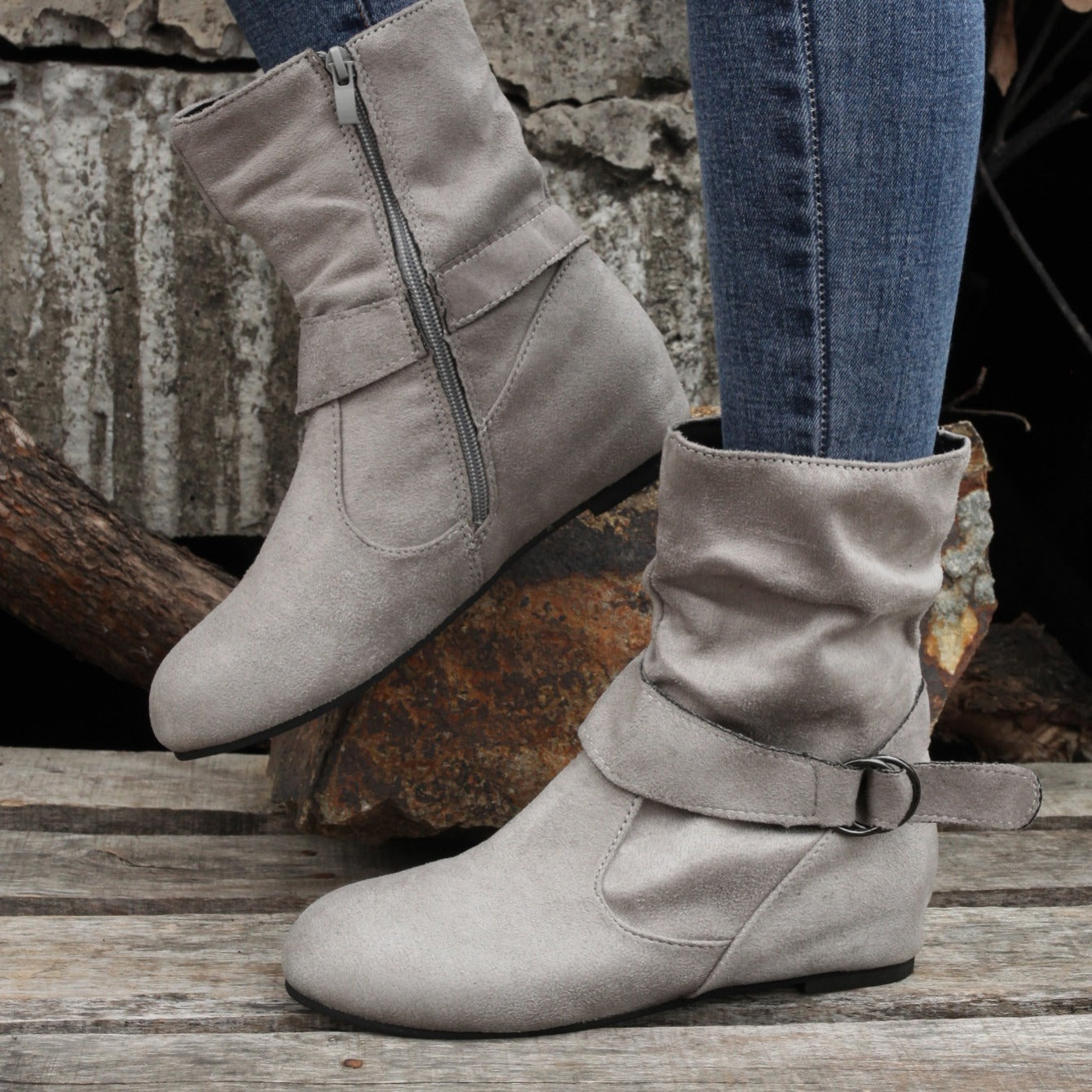 Womens Classic Solid Color Ankle Boots with Round-Toe Design - Fashion Buckle Belt & Side Zipper Closure - Ultra-Comfortable Outdoor Shoes for Stylish Adventures