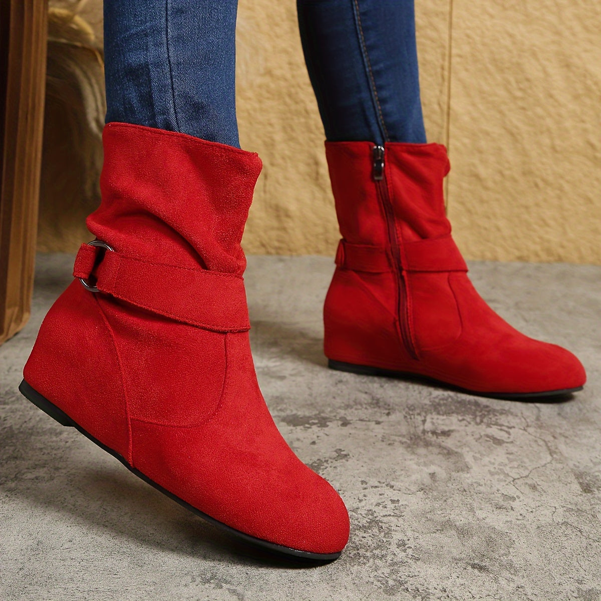 Womens Classic Solid Color Ankle Boots with Round-Toe Design - Fashion Buckle Belt & Side Zipper Closure - Ultra-Comfortable Outdoor Shoes for Stylish Adventures