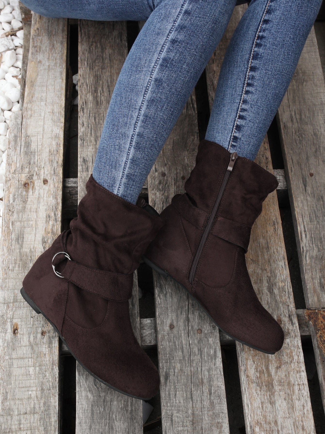 Womens Classic Solid Color Ankle Boots with Round-Toe Design - Fashion Buckle Belt & Side Zipper Closure - Ultra-Comfortable Outdoor Shoes for Stylish Adventures