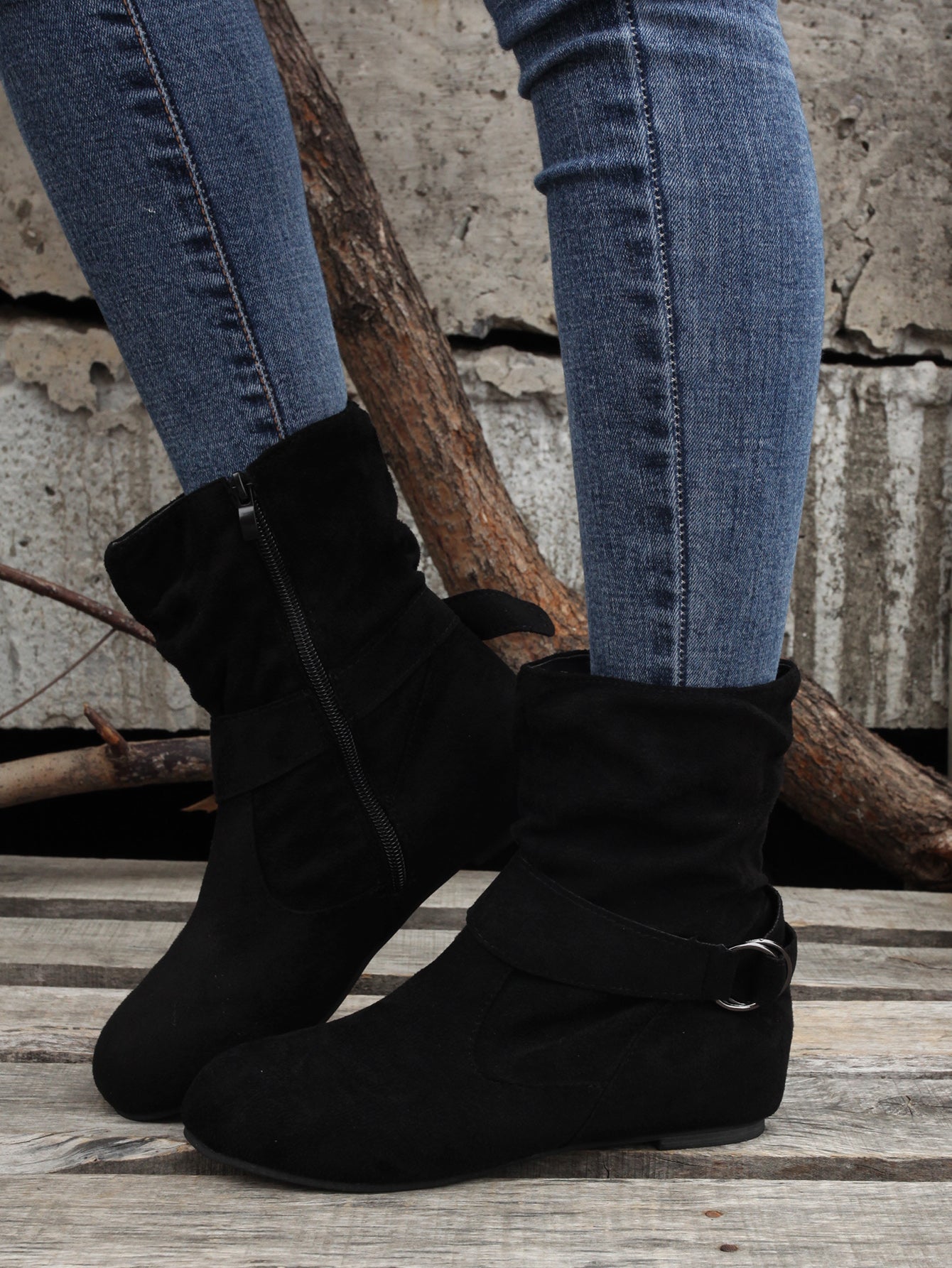 Womens Classic Solid Color Ankle Boots with Round-Toe Design - Fashion Buckle Belt & Side Zipper Closure - Ultra-Comfortable Outdoor Shoes for Stylish Adventures