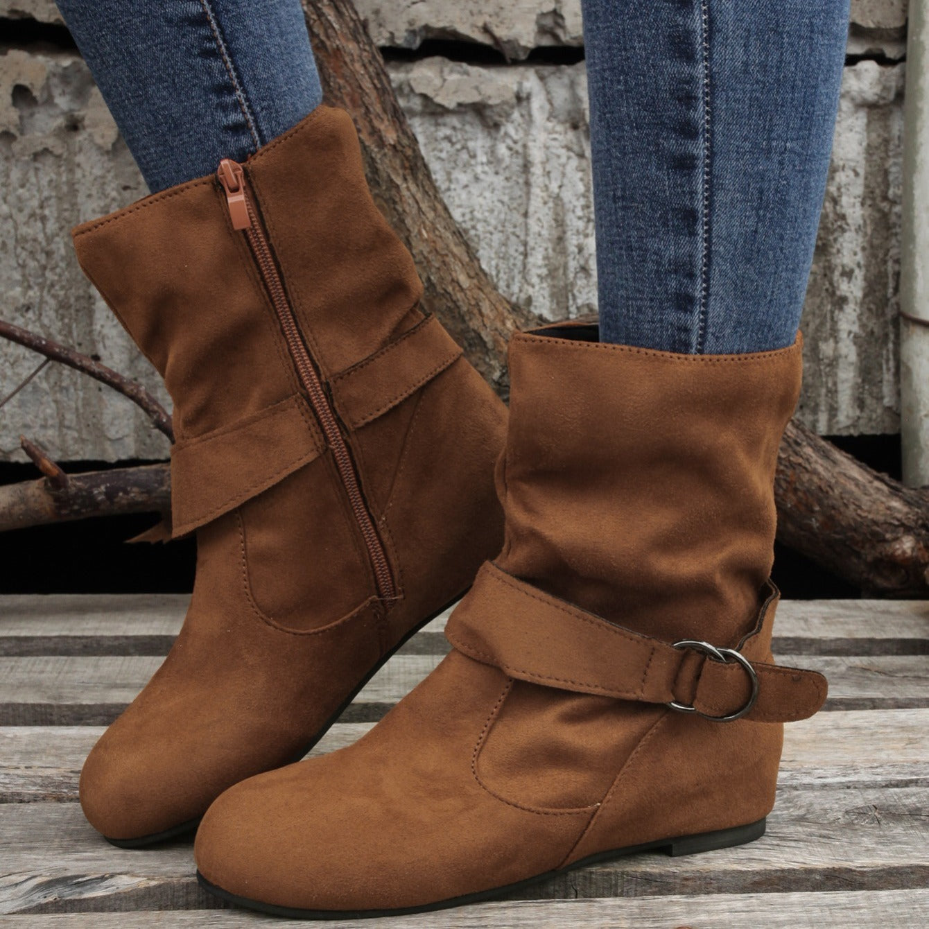 Womens Classic Solid Color Ankle Boots with Round-Toe Design - Fashion Buckle Belt & Side Zipper Closure - Ultra-Comfortable Outdoor Shoes for Stylish Adventures