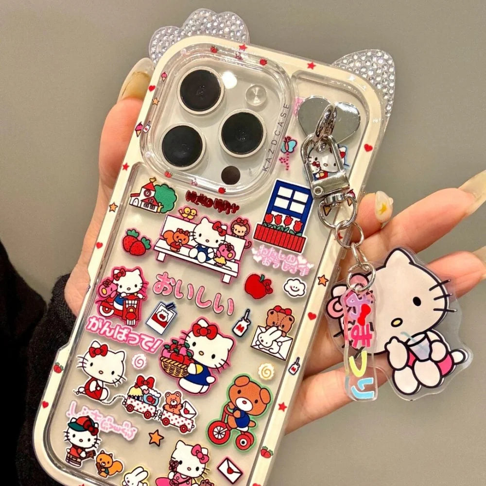 Illustration Hello Kitty Daily Life KT Phone Case For iPhone 13 14 15 16 Pro Max Cartoon Y2k Pink Style Cute Case With Pendant