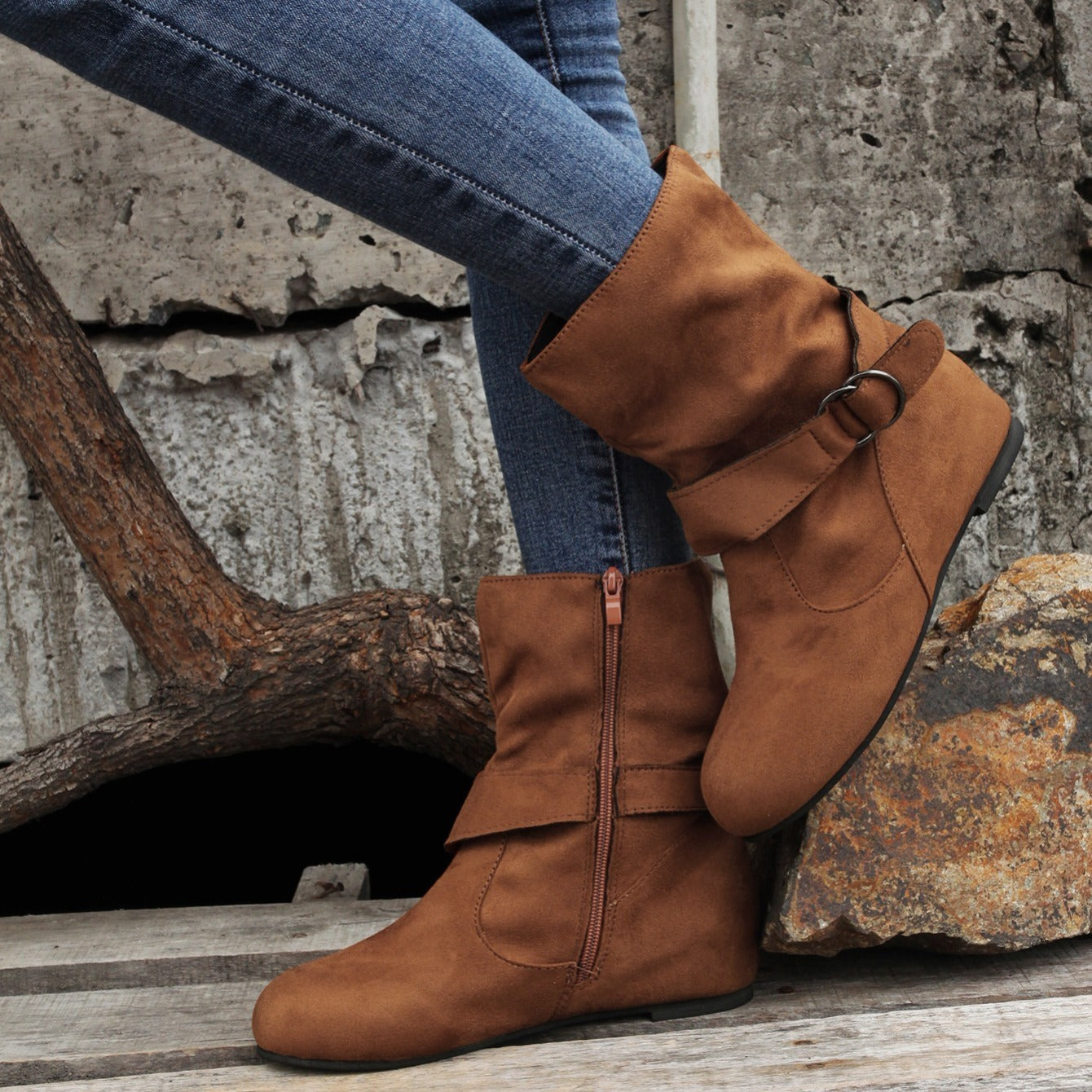 Womens Classic Solid Color Ankle Boots with Round-Toe Design - Fashion Buckle Belt & Side Zipper Closure - Ultra-Comfortable Outdoor Shoes for Stylish Adventures