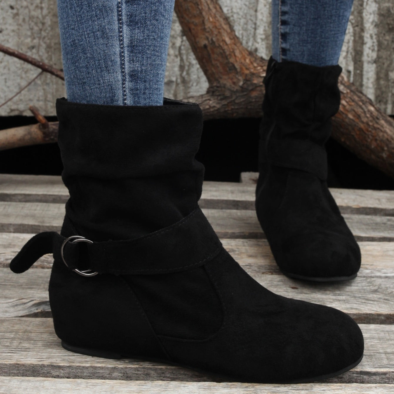 Womens Classic Solid Color Ankle Boots with Round-Toe Design - Fashion Buckle Belt & Side Zipper Closure - Ultra-Comfortable Outdoor Shoes for Stylish Adventures
