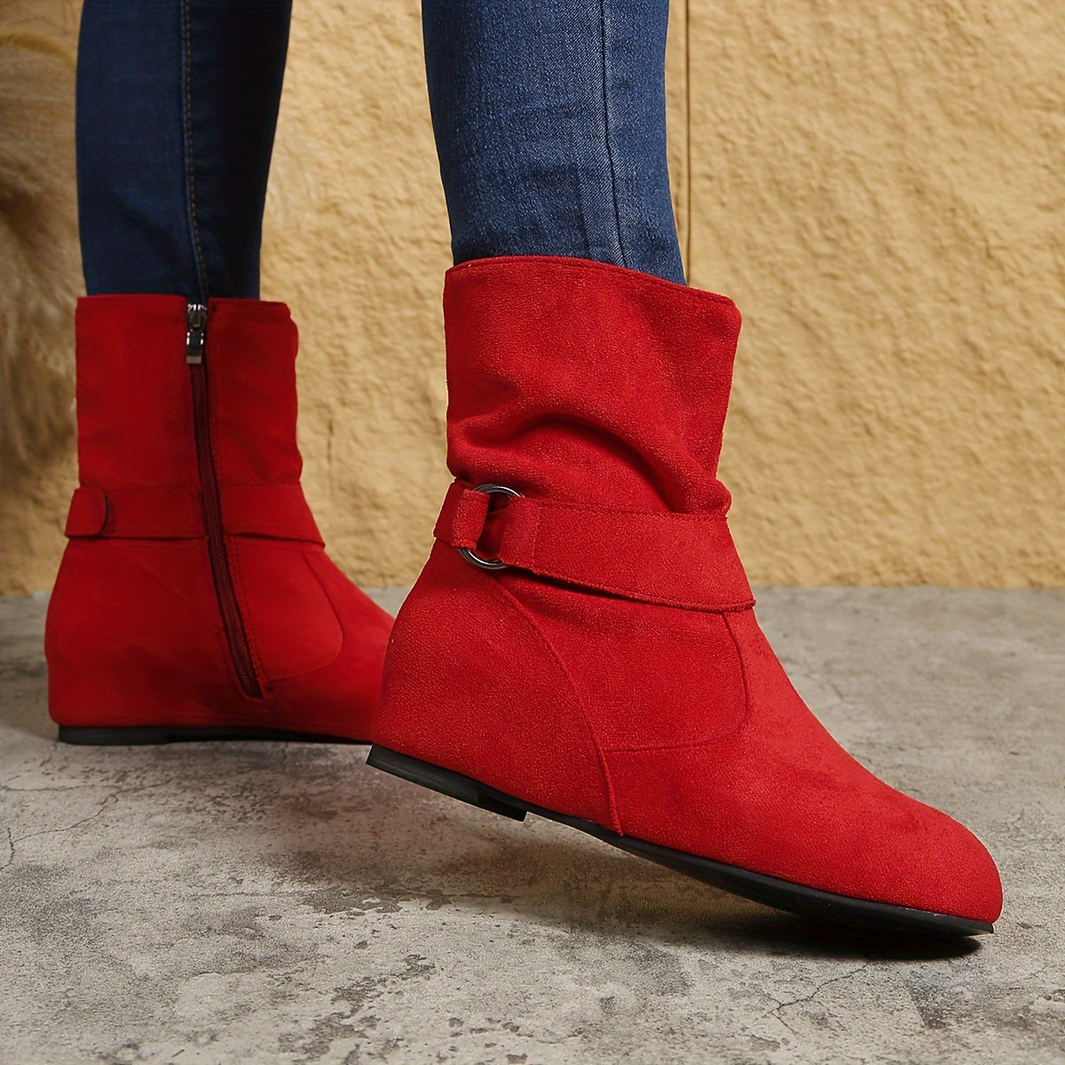 Womens Classic Solid Color Ankle Boots with Round-Toe Design - Fashion Buckle Belt & Side Zipper Closure - Ultra-Comfortable Outdoor Shoes for Stylish Adventures