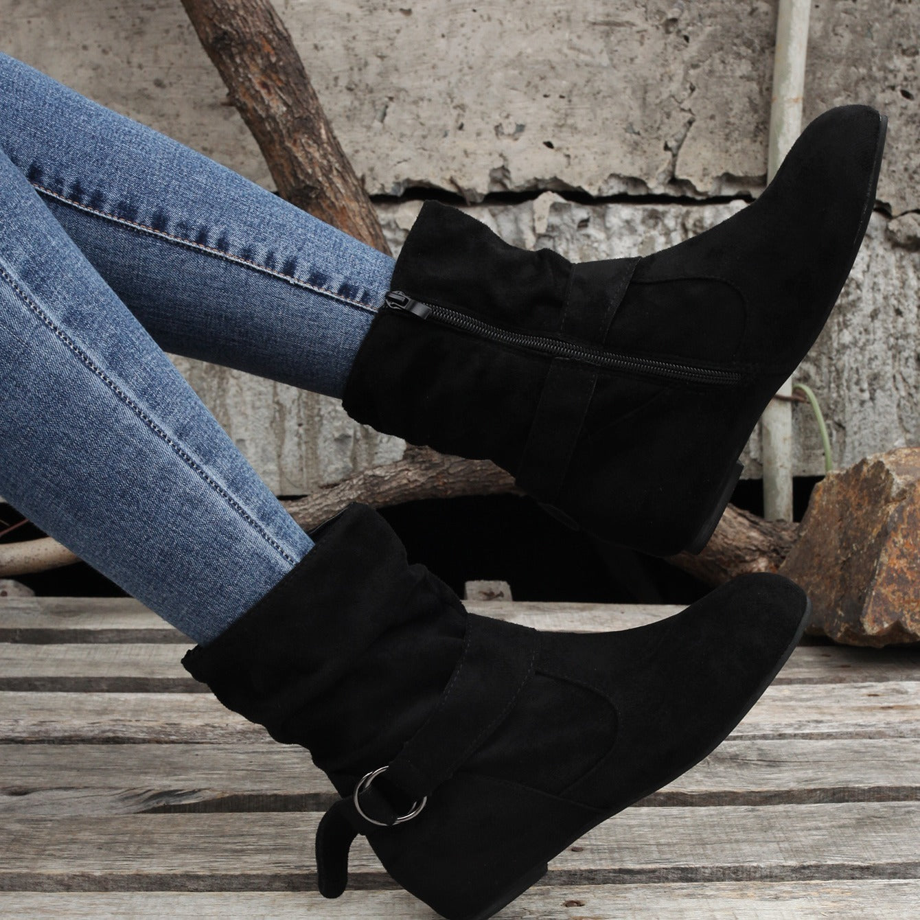Womens Classic Solid Color Ankle Boots with Round-Toe Design - Fashion Buckle Belt & Side Zipper Closure - Ultra-Comfortable Outdoor Shoes for Stylish Adventures
