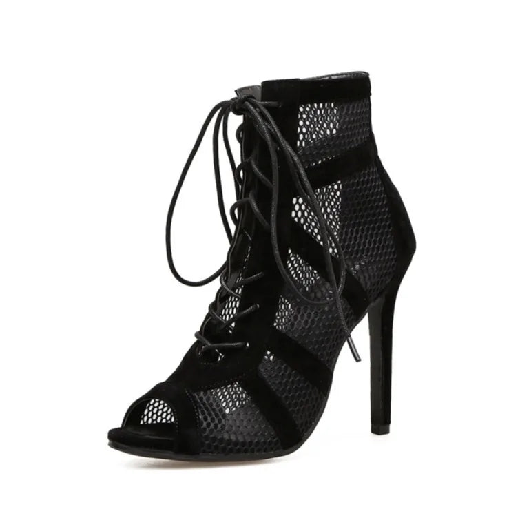 Sexy High Heels Hollow Mesh Sandals Women Summer Cross-tied Peep Toe Heeled Sandals Ankle Strap Dance Shoes Black Net Sandals