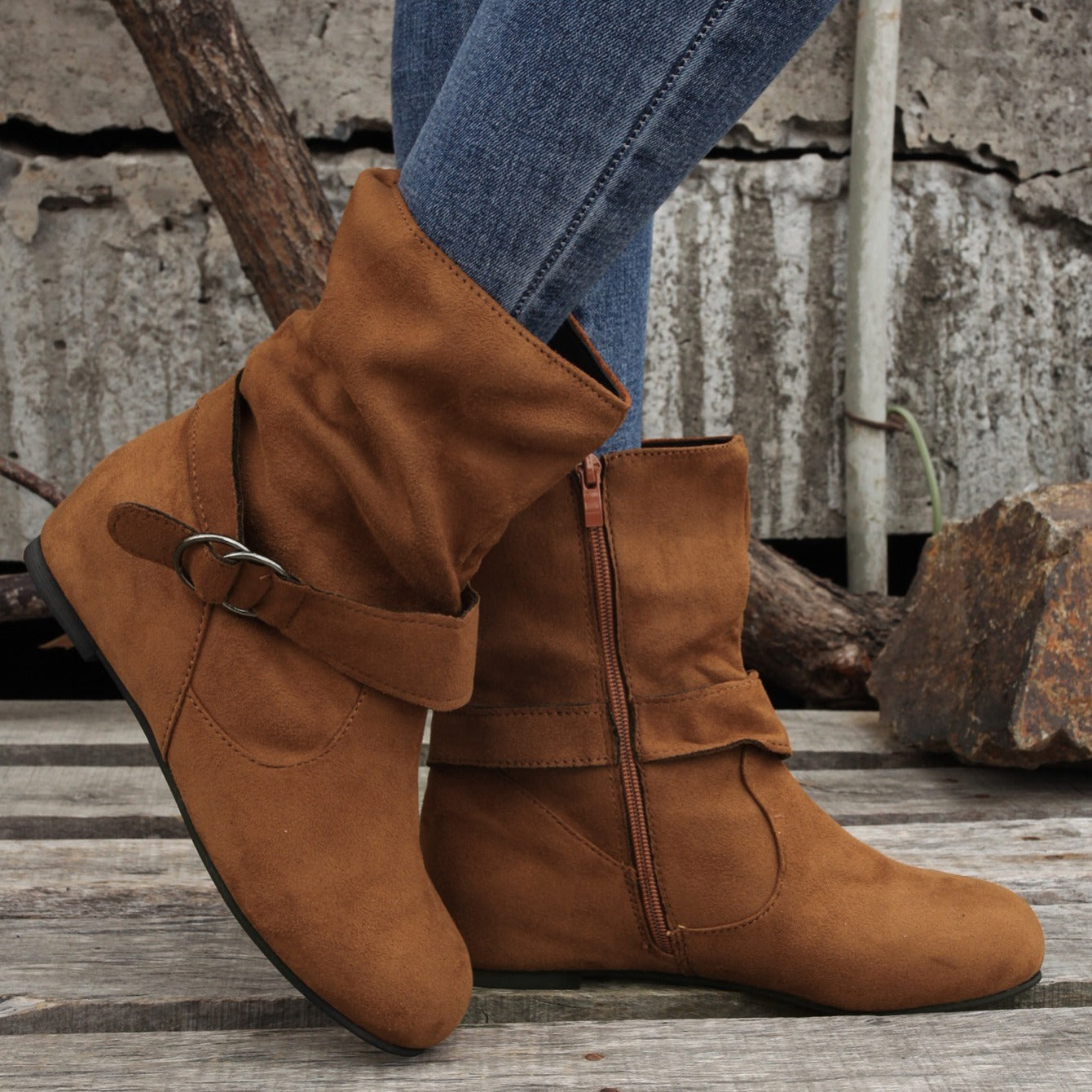 Womens Classic Solid Color Ankle Boots with Round-Toe Design - Fashion Buckle Belt & Side Zipper Closure - Ultra-Comfortable Outdoor Shoes for Stylish Adventures