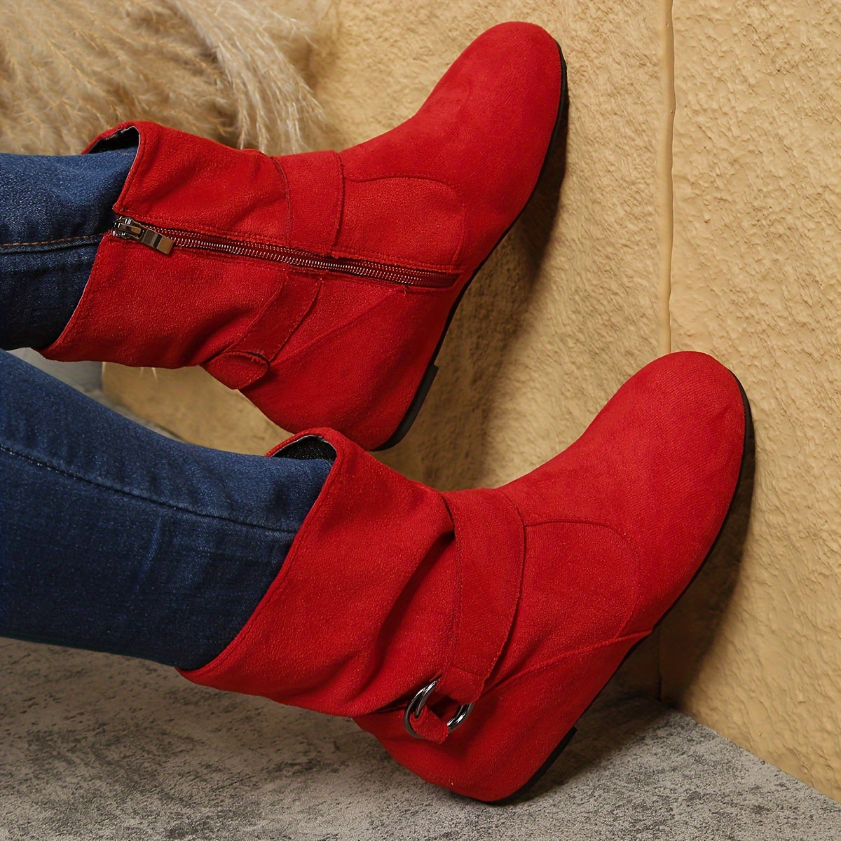 Womens Classic Solid Color Ankle Boots with Round-Toe Design - Fashion Buckle Belt & Side Zipper Closure - Ultra-Comfortable Outdoor Shoes for Stylish Adventures