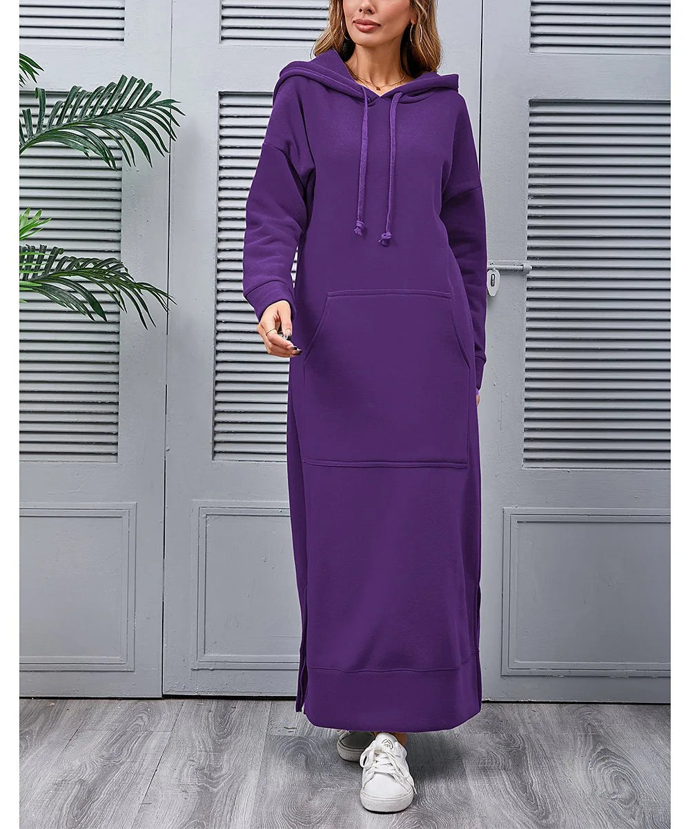 Hoodies Dress for Women Fashion  2024 Hem Lace-up Midi Robe Hooded Long Vestidos Winter Warm Casual Loose Sweatshirt Dress