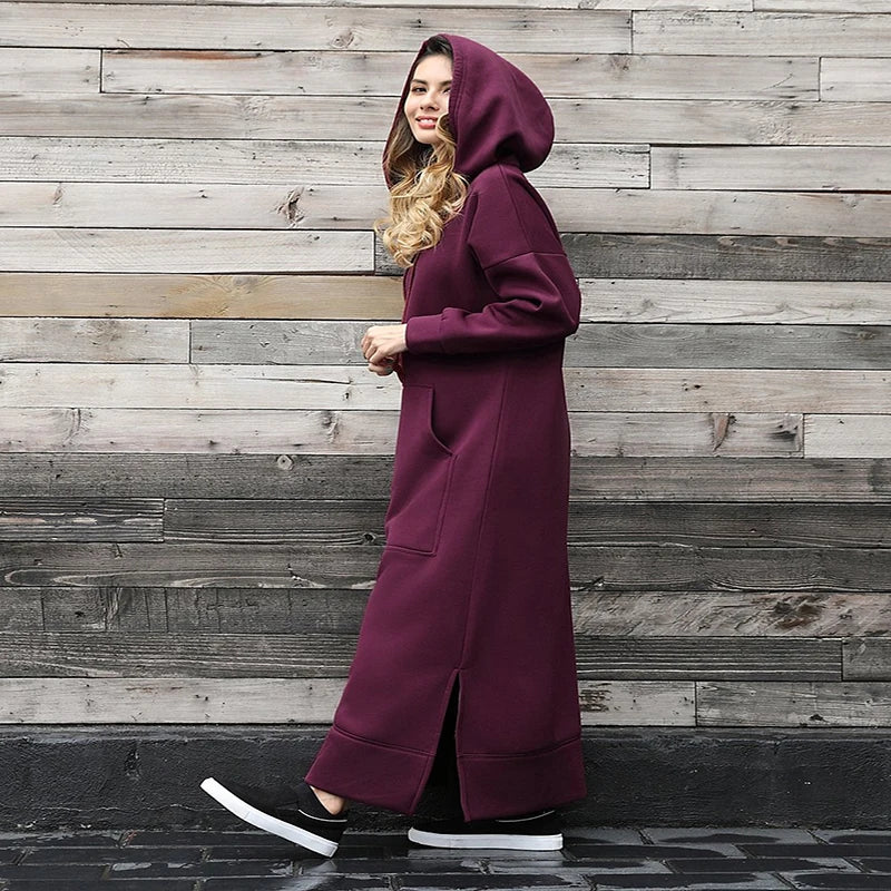 Hoodies Dress for Women Fashion  2024 Hem Lace-up Midi Robe Hooded Long Vestidos Winter Warm Casual Loose Sweatshirt Dress