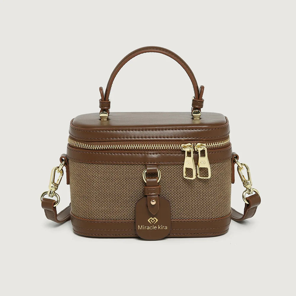 Retro Single Shoulder Crossbody Handbag for Women Fashionable Retro Box Bag with Zip Nylon Contrast Color Bucket Bag