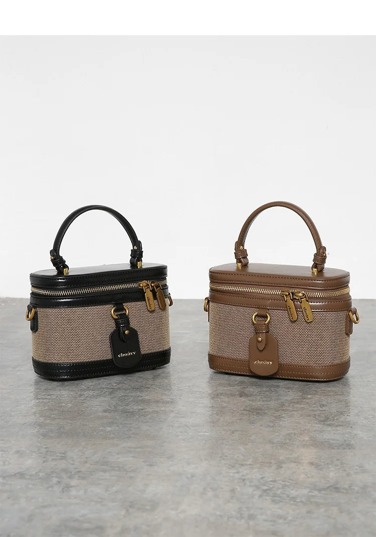 Retro Single Shoulder Crossbody Handbag for Women Fashionable Retro Box Bag with Zip Nylon Contrast Color Bucket Bag