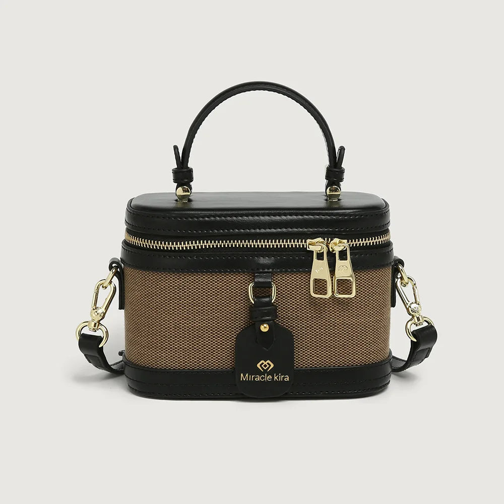 Retro Single Shoulder Crossbody Handbag for Women Fashionable Retro Box Bag with Zip Nylon Contrast Color Bucket Bag