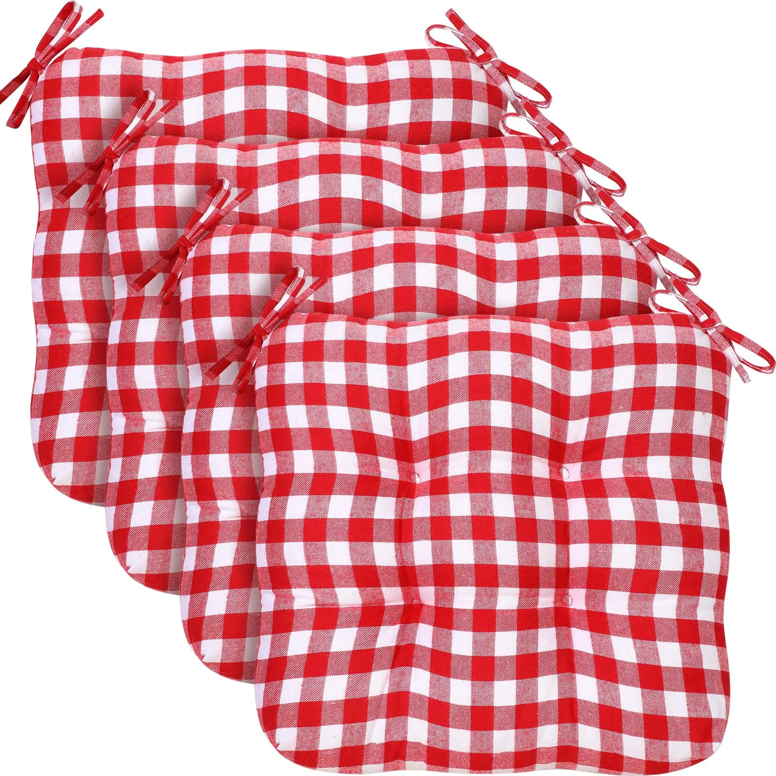 Geetery 4 Pack Chair Cushions Dining Kitchen Office Chair Seat Cushion Kitchen Chair Pads with Ties Buffalo Plaid Patio Outdoor Chair Cushions for Dining Outdoor Patio Chair (Red White)