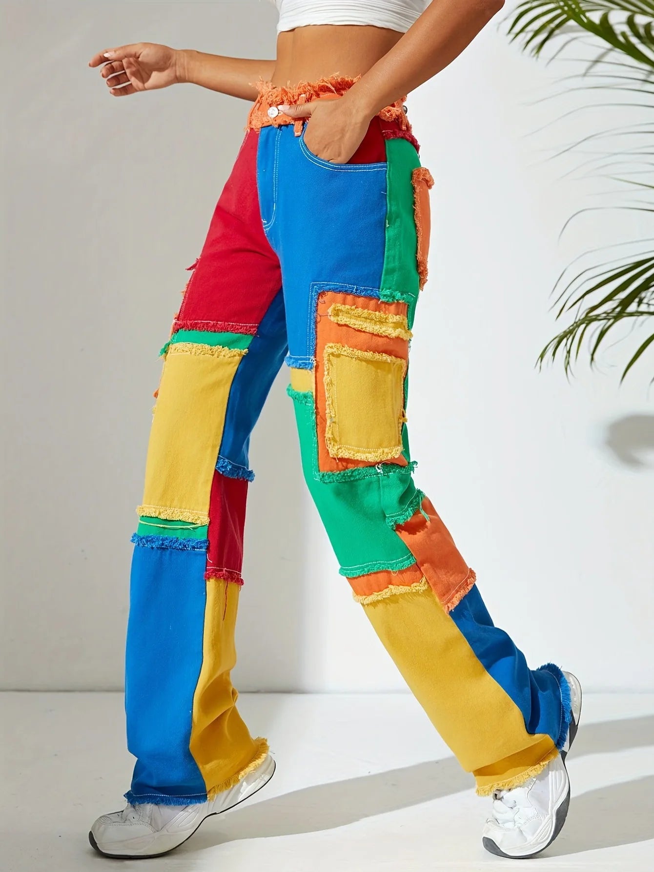 2025 New Baggy Jeans Women Hole Splicing Raw Edge High Waist Loose Straight Casual Pants Female Jeans