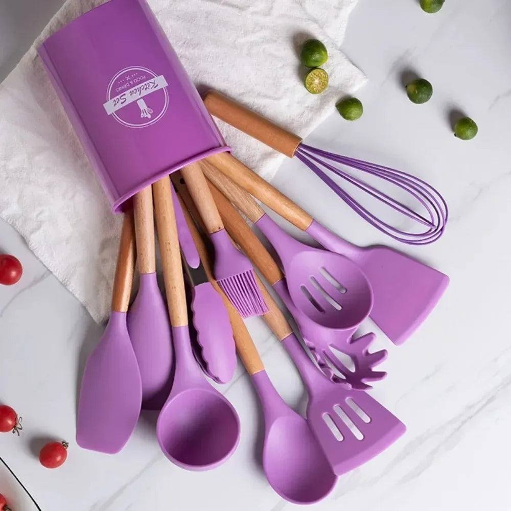 Carote Cookware Set Wooden Handle Kitchenware Silicone Kitchenware Flexible Convenient Storage Safe and Odorless Kitchenware Set