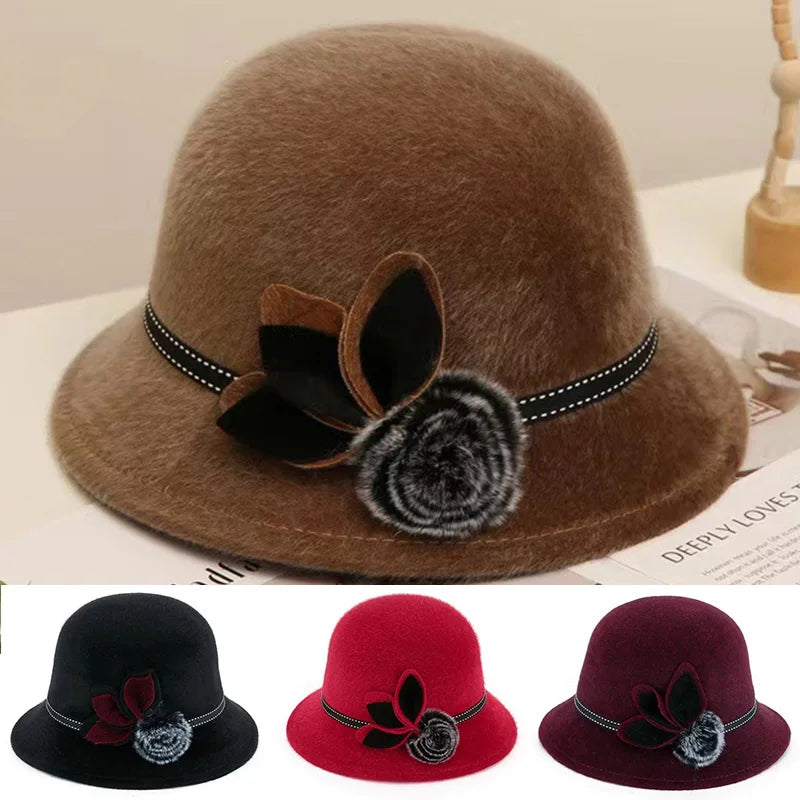 Fedoras Cap Jazz Cap Women Pompom Dome Hat Bowler Dome Wool Hat Vintage Elegant Wool Ladies Church Hat Winter Autumn Warm Cap