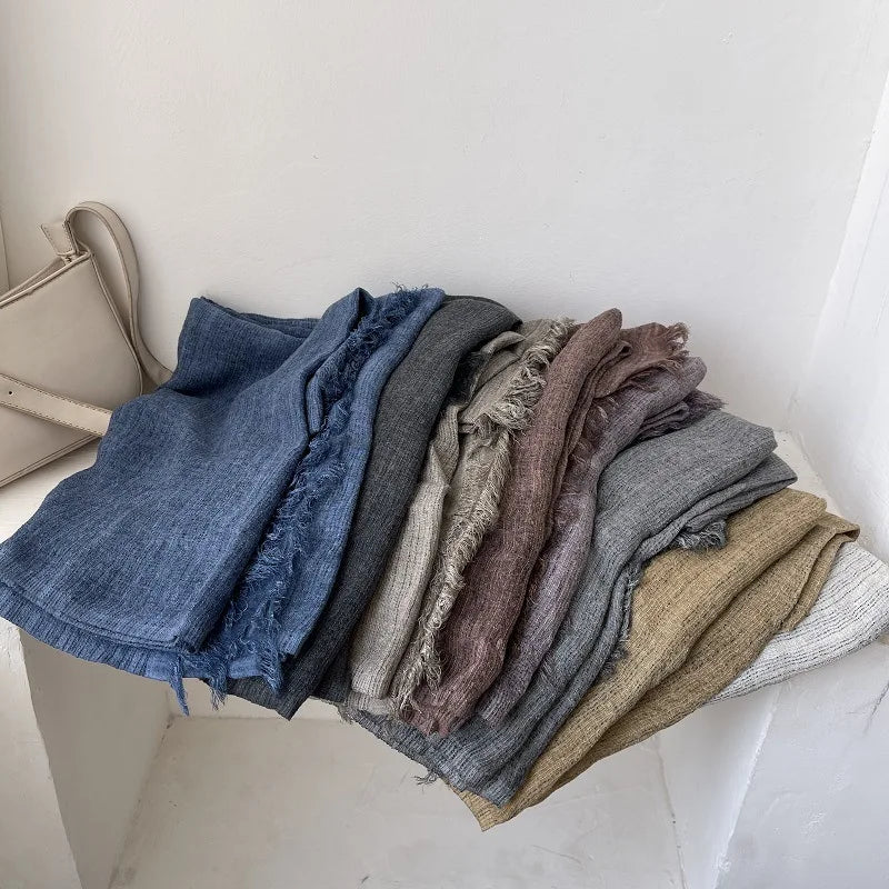 Scarf Women's Autumn Literary and Artistic Fresh and Versatile Contrasting Color Striped Texture Same Cotton Linen Thin Shawl