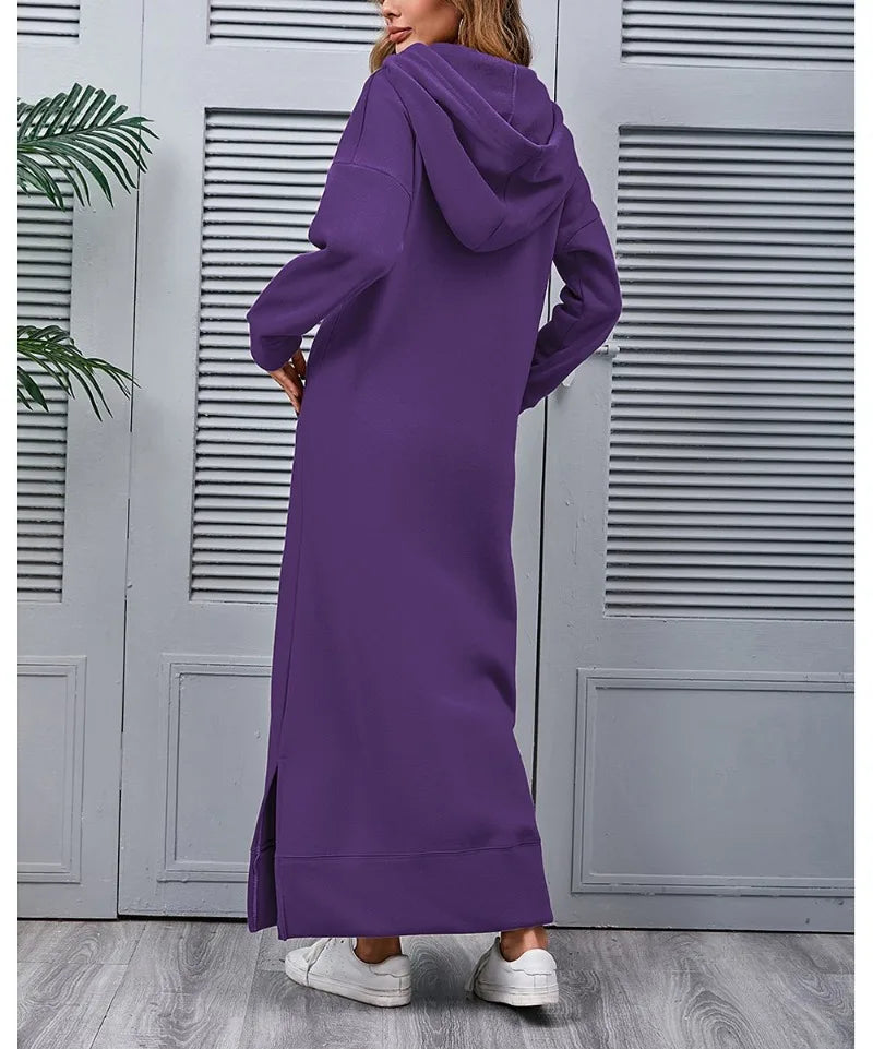 Hoodies Dress for Women Fashion  2024 Hem Lace-up Midi Robe Hooded Long Vestidos Winter Warm Casual Loose Sweatshirt Dress
