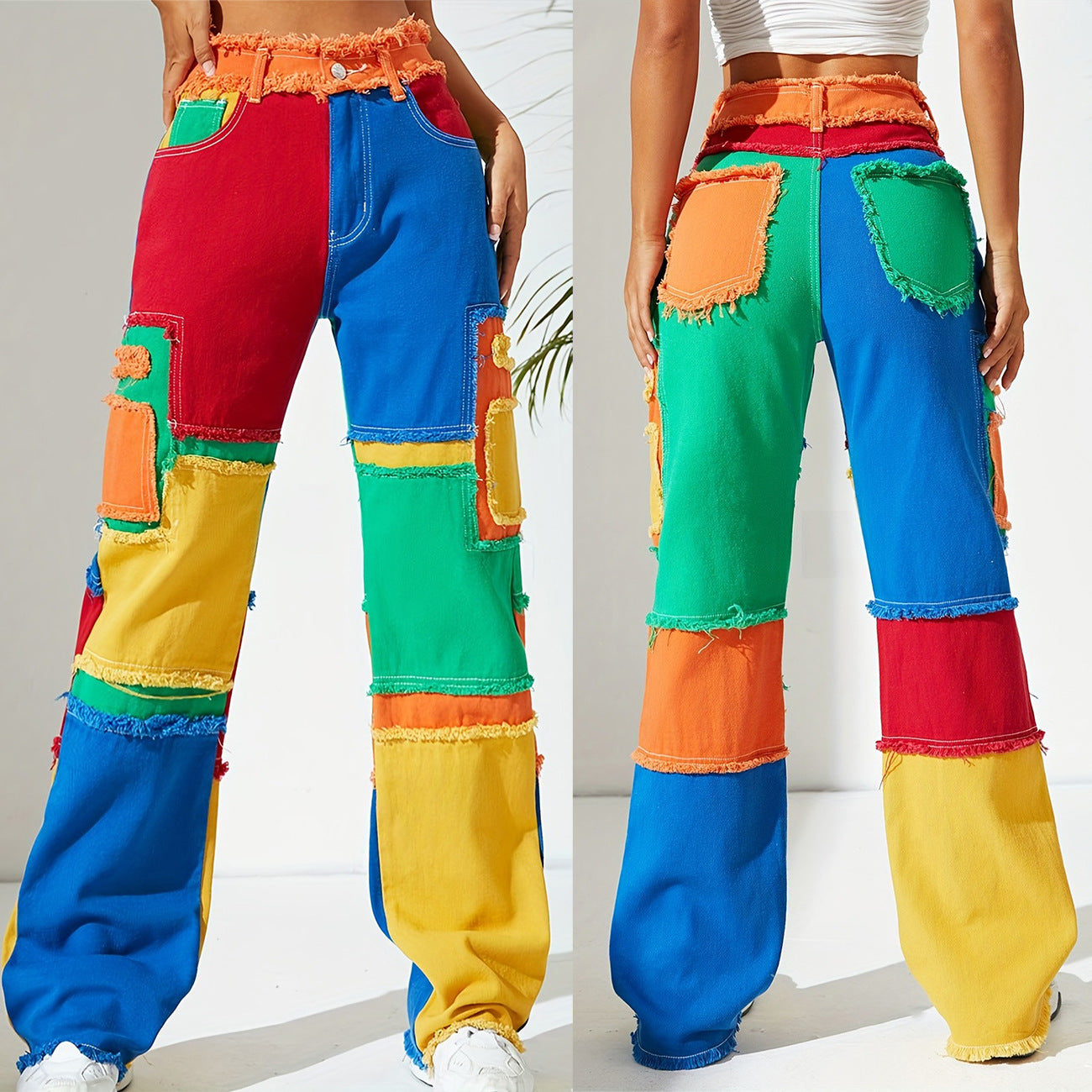 2025 New Baggy Jeans Women Hole Splicing Raw Edge High Waist Loose Straight Casual Pants Female Jeans