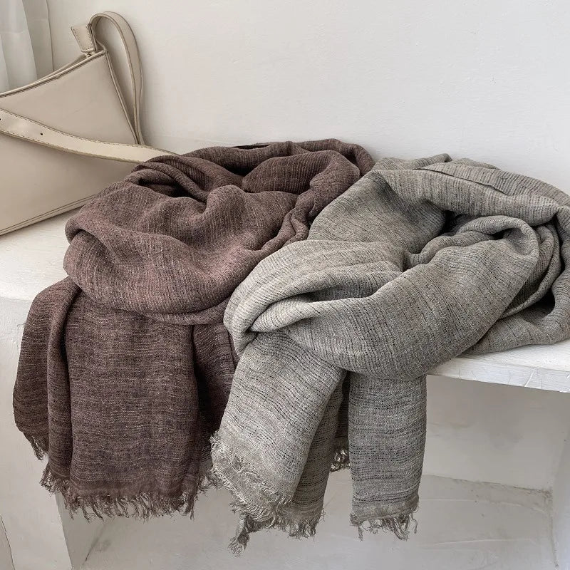 Scarf Women's Autumn Literary and Artistic Fresh and Versatile Contrasting Color Striped Texture Same Cotton Linen Thin Shawl