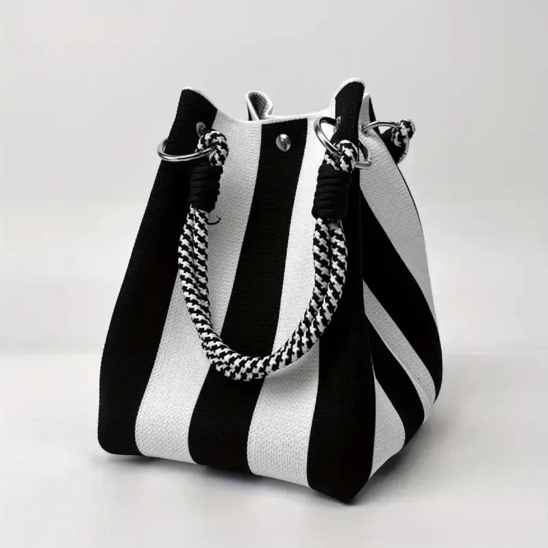 Korean Colorful Stripe Bucket Bag,Knitted Woven Women Tote Bag,Contrast Color Handbag,Versatile Simple Rope Knot Clutch Purse