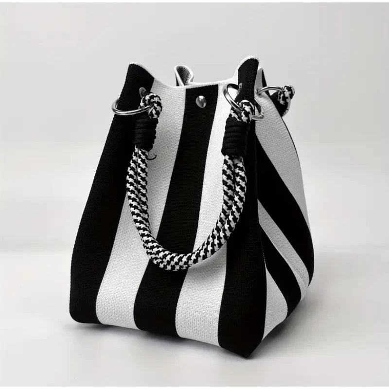 Korean Colorful Stripe Bucket Bag,Knitted Woven Women Tote Bag,Contrast Color Handbag,Versatile Simple Rope Knot Clutch Purse
