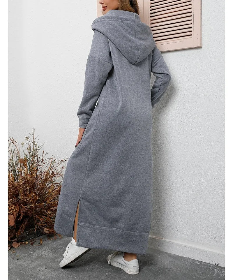 Hoodies Dress for Women Fashion  2024 Hem Lace-up Midi Robe Hooded Long Vestidos Winter Warm Casual Loose Sweatshirt Dress