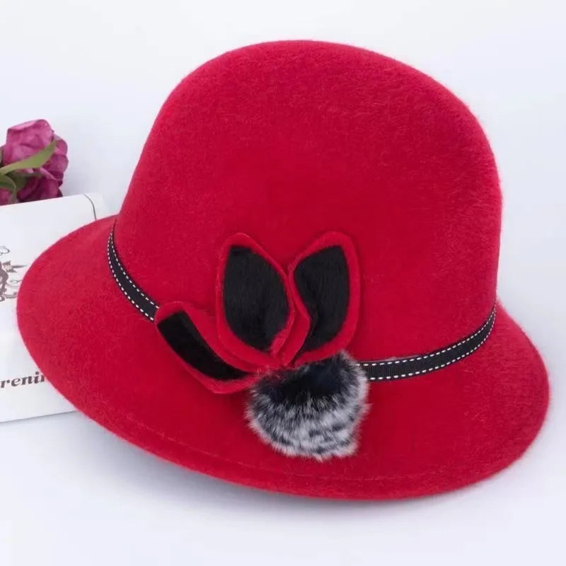 Fedoras Cap Jazz Cap Women Pompom Dome Hat Bowler Dome Wool Hat Vintage Elegant Wool Ladies Church Hat Winter Autumn Warm Cap