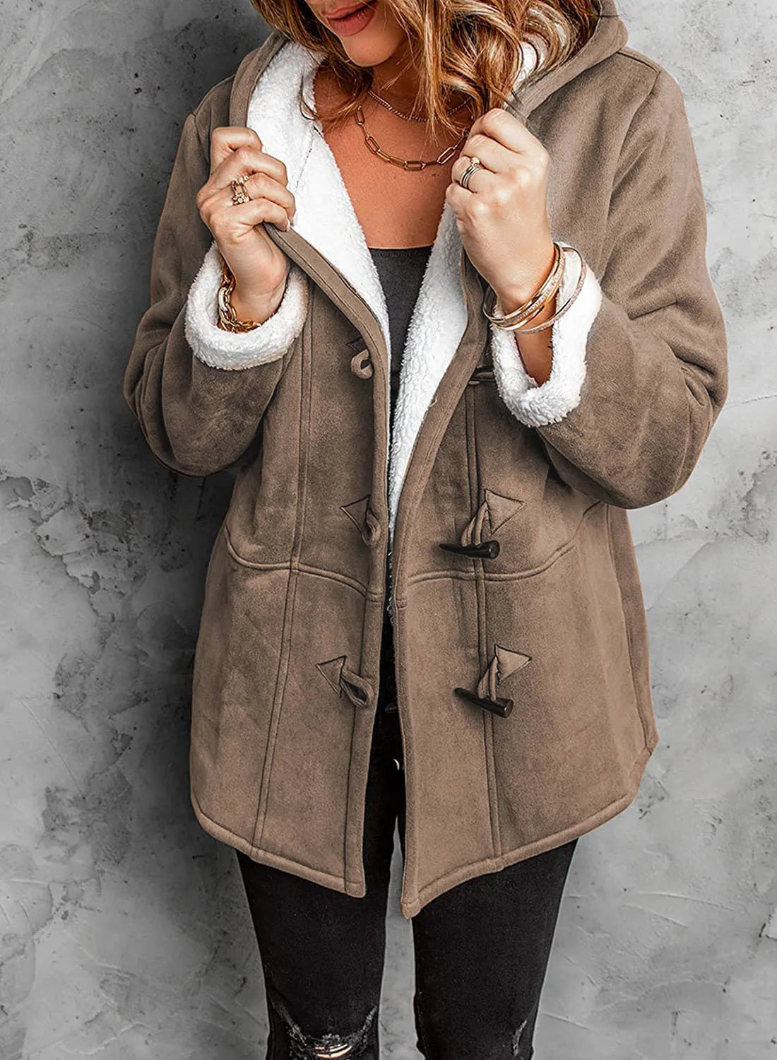Coats Women Wool Thick Hooded Coat Pockets Single Breasted Full Sleeve Splice Jackets Warm Casual Blend Regular Autumn Winter