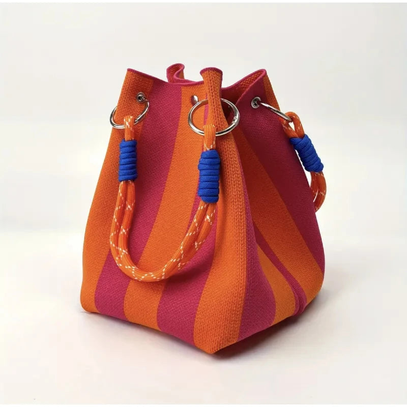 Korean Colorful Stripe Bucket Bag,Knitted Woven Women Tote Bag,Contrast Color Handbag,Versatile Simple Rope Knot Clutch Purse